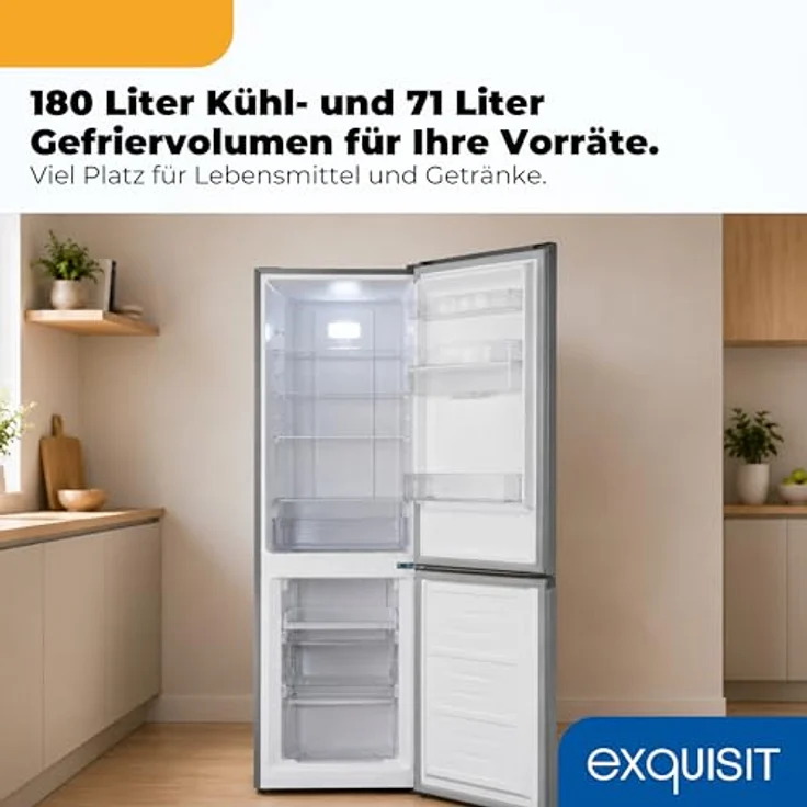 Exquisit Kühl-Gefrierkombination KGC5265-70-NF-WS-040C, 251 l, No Frost, Wasserspender, Energieklasse C, leise 39 dB, inoxlook, schmal 54 cm – Bild 5