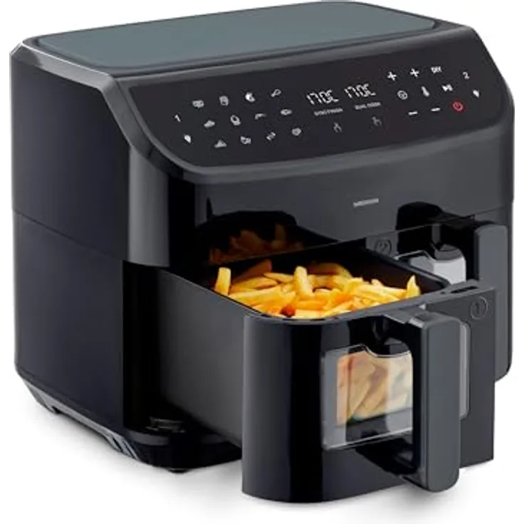 MEDION P20 XXL Heißluftfritteuse mit 2 Kammern (8,7 Liter, 2.600 Watt, Doppelkammer, 9 Automatikprogramme, 2 Schubladen, Sichtfenster, Dualer Airfryer, Dual Cook & Sync-Finish Funktion)