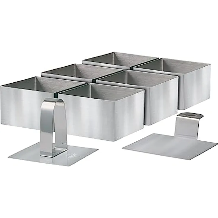 STONELINE Dessertringe und Speiseringe, Ring Set eckig, 8-teilig, Edelstahl, 6 Ringe, 1 Heber, 1 Stempel, Lebensmittel Presse, Dessertringe 8cm, Dessertring/Speisering