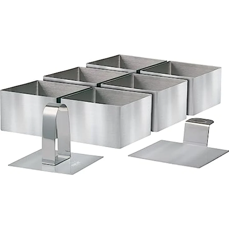 STONELINE Dessertringe und Speiseringe, Ring Set eckig, 8-teilig, Edelstahl, 6 Ringe, 1 Heber, 1 Stempel, Lebensmittel Presse, Dessertringe 8cm, Dessertring/Speisering – Bild 1