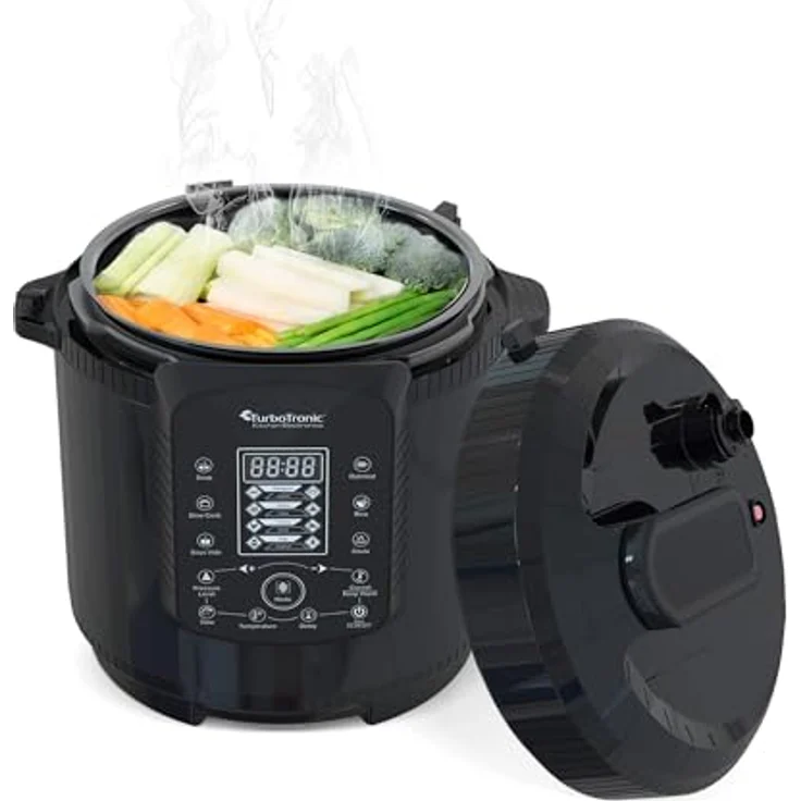 TurboTronic by Z-Line Multikocher TurboChef Pot, 1000 W, 6 l, Dampf- und Schongarer, Schwarz, mit Edelstahl- und Antihafttopf – Bild 5