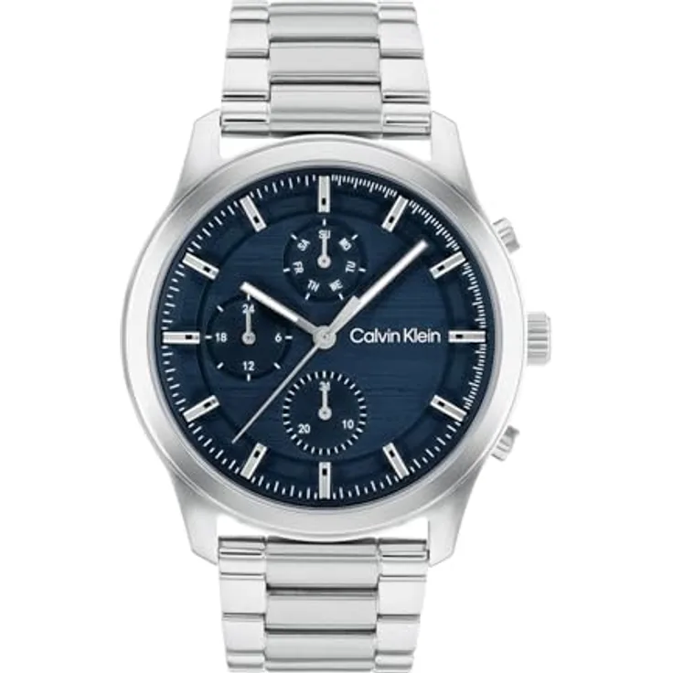 Calvin Klein Multi Zifferblatt Quarz Uhr für Herren Kollektion Ambition mit Silbernes Edelstahlarmband - 25200208, Gebürstetes blaues Zifferblatt