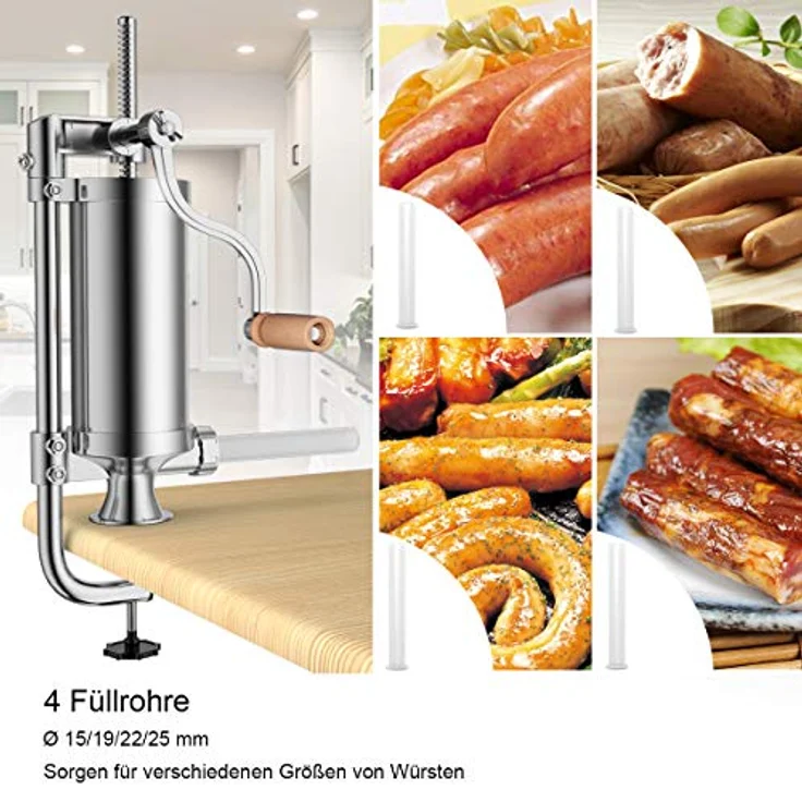 COSTWAY Wurstfüllaufsatz Wurstfüller, 1,5L, 4 Füllrohre (15/Ø19/Ø22/Ø25mm), Aluminium/Kunststoff, rutschfeste Schraubzwingenbefestigung – Bild 5