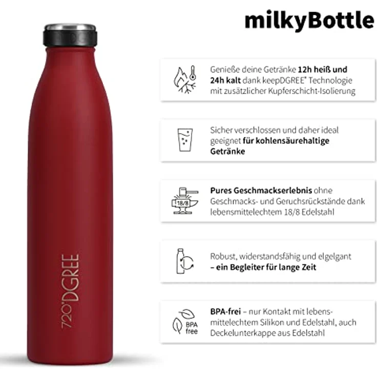 720°DGREE Edelstahl Trinkflasche “milkyBottle” - 750ml - BPA-frei, auslaufsicher, kohlensäuregeeignet, Thermosflasche für Sport, Uni, Outdoor, Camping – Bild 2