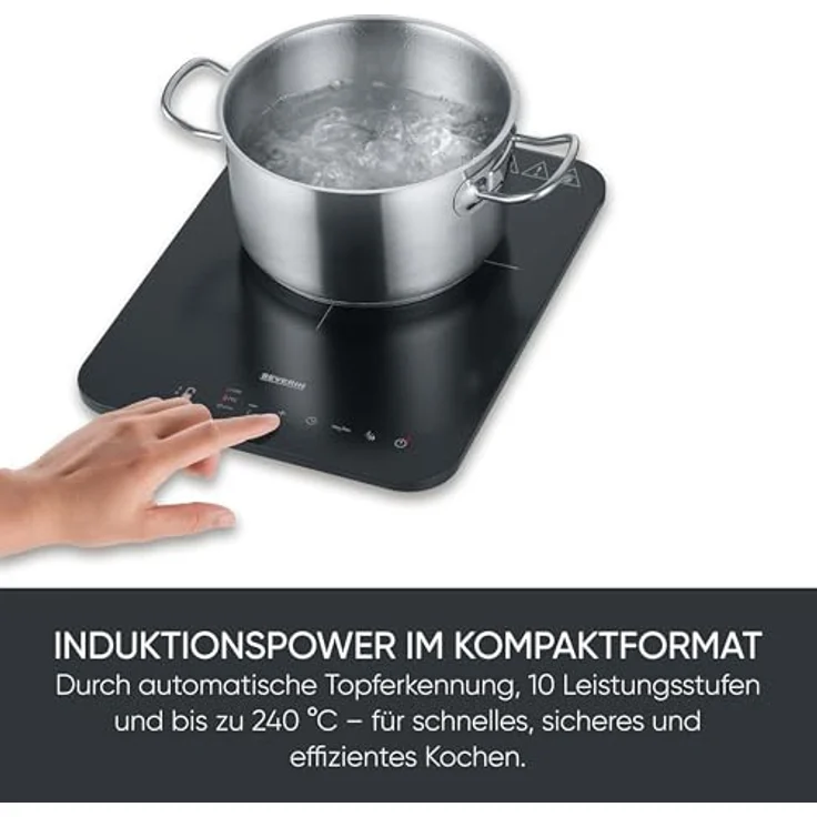 SEVERIN KP 1032, Induktionskochplatte mit Glaskeramik-Kochfeld, 10 Leistungsstufen, Touch-Display mit Timerfunktion, 2.000 Watt, schwarz / Glas – Bild 3