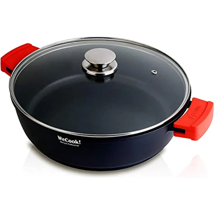 WECOOK! Ecostone Niedrige Kochtopf 24cm Induktion mit Glasdeckel, Antihaftbeschichtung XTRA DUPONT PFOA-frei, Aluminiumguss, 5mm dick, Silikongriffe, Vitrokeramik, Gas, Backofen