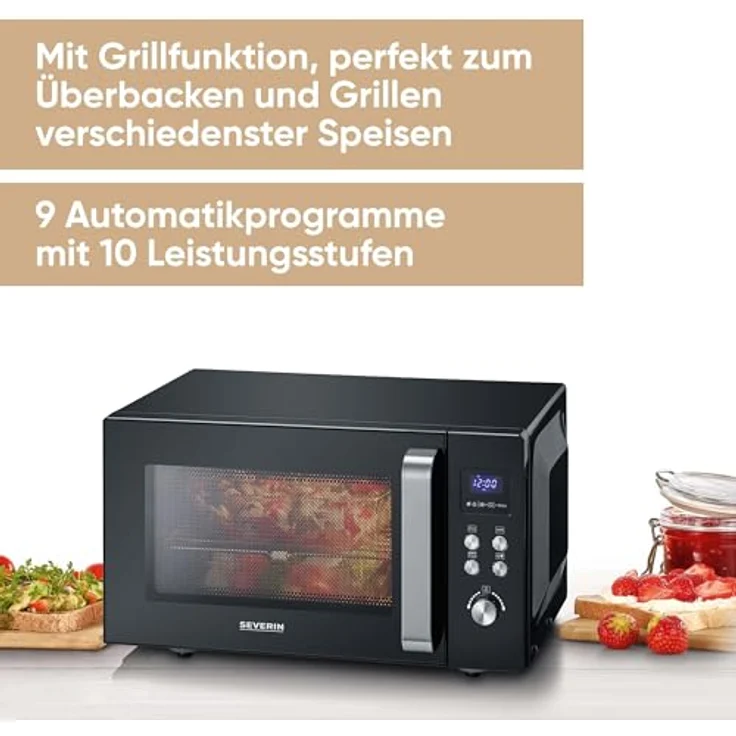 Severin MW 7763 Mikrowelle mit Keramikboden und Grill, Standgerät, Garraum 25L, 900W, 2 Leistungsstufen, Drehregler, schwarz – Bild 6