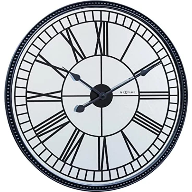 NeXtime XL Designer Wanduhr, Metalluhr, Spiegeluhr, römische Zahlen, 56 cm, schwarz