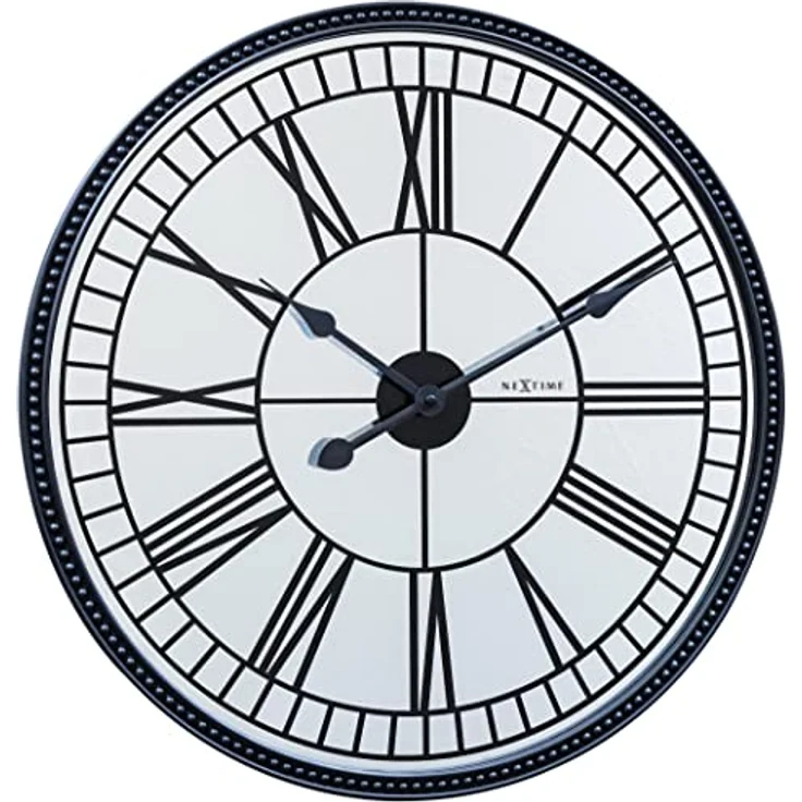 NeXtime XL Designer Wanduhr, Metalluhr, Spiegeluhr, römische Zahlen, 56 cm, schwarz – Bild 1