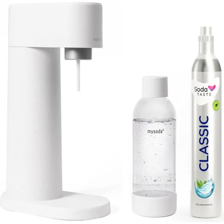 SodaTASTE Woody, Wassersprudler in Weiß mit 3x 1L Wasserflaschen und Aromazylinder Zitrone – Bild 2