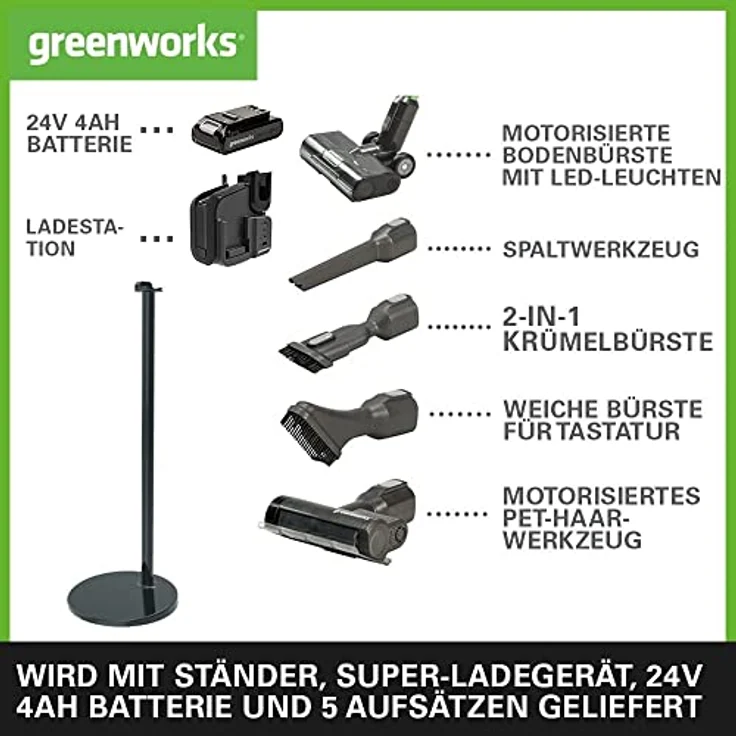 Greenworks GD24SVK4S Kabelloser Staubsauger, hohe Saugleistung, 45 Minuten Laufzeit, Hepa-Filter, Tierhaaraufsatz, 3 Leistungsstufen, 24V 4Ah Akku und super Stand-Ladegerät, 3 Jahre Garantie – Bild 2
