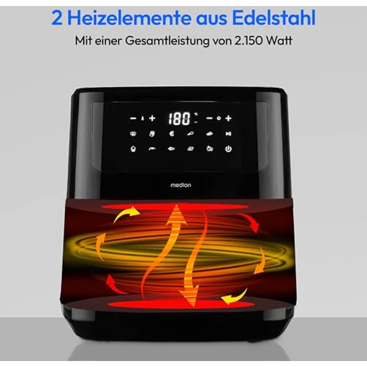 MEDION Heißluftfritteuse MD11750 P10 XL Duo, 2000 W, 6,3 L, Schüttelalarm, 9 Automatikprogramme, Edelstahl – Bild 2