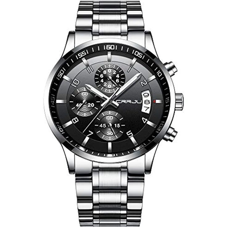 CRRJU Herren Chronograph Armbanduhr, wasserdicht, Edelstahlarmband, analoges Quarzwerk mit Kalender, Silber Schwarz