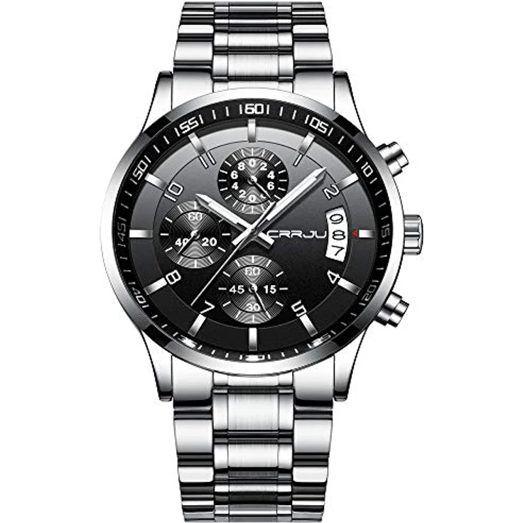 CRRJU Herren Chronograph Armbanduhr, wasserdicht, Edelstahlarmband, analoges Quarzwerk mit Kalender, Silber Schwarz – Bild 1