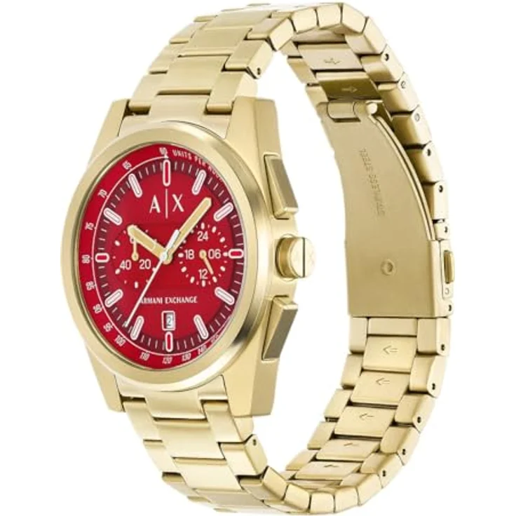 Armani Exchange Herren Analog Quarz Uhr mit Edelstahl Armband AX2863, 42mm Gehäuse, rotes Zifferblatt, goldfarben – Bild 3