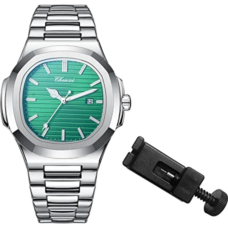 JewelryWe Herren Armbanduhr 3er Set, Analog Quarz Uhr mit rechteckigem Design, silber, 30m wasserdicht, Datum, Leuchtzeiger, Edelstahlarmband – Bild 4
