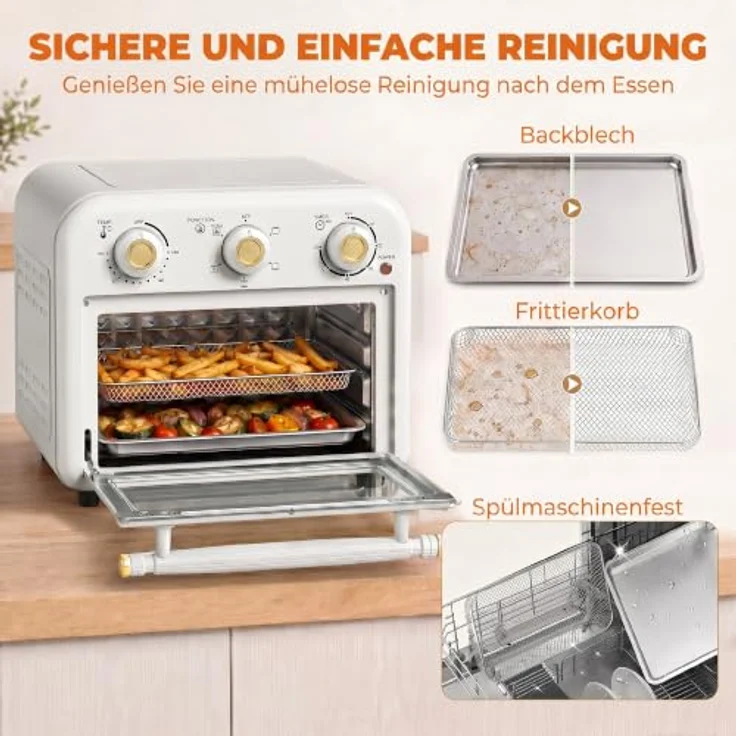 HOMCOM Minibackofen Heißluftfritteuse 2-in-1 mit 12 l und 1200 W, cremeweiß-gold, mit Backblech und Frittierkorb – Bild 7