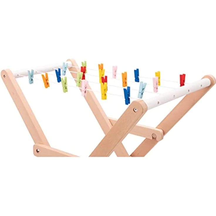 New Classic Toys Holz Spielzeug Wäscheständer mit 21 bunten Klammern und 4 Leinen, zusammenklappbar, fördert Feinmotorik und Fantasie – Bild 6
