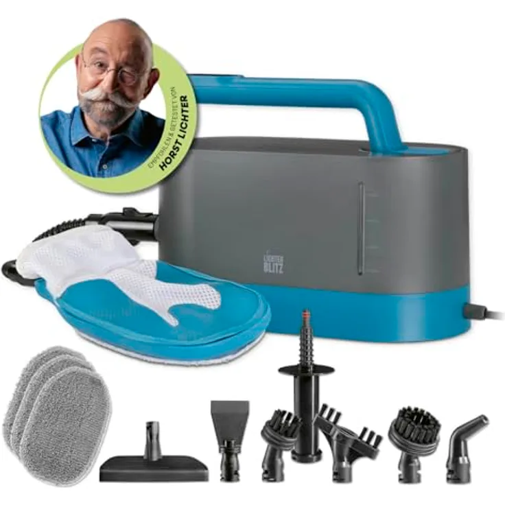 LICHTERBLITZ Dampfreiniger Handgerät, 100 °C Steam Cleaner mit 1 l Tank, 1200 Watt, 7 Aufsätzen, Dampfhandschuh, 45 Min Laufzeit, chemiefrei, ideal für Polstermöbel und empfindliche Oberflächen