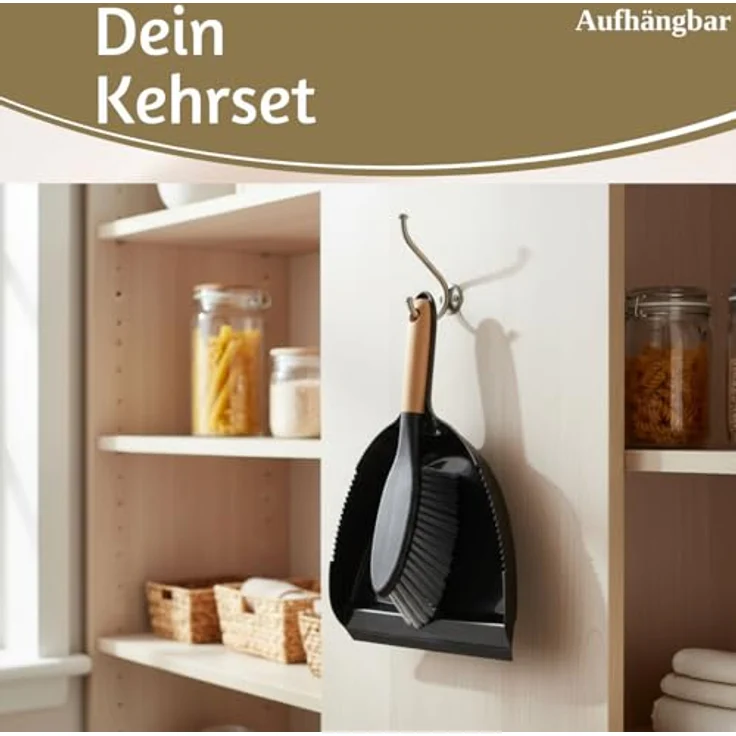 LS-LebenStil Kehrgarnitur 2-teilig, Kehrbesen mit langem Holzgriff und Kehrschaufel, Schwarz/Braun, ergonomisch, Click-System, 32x22 cm – Bild 7