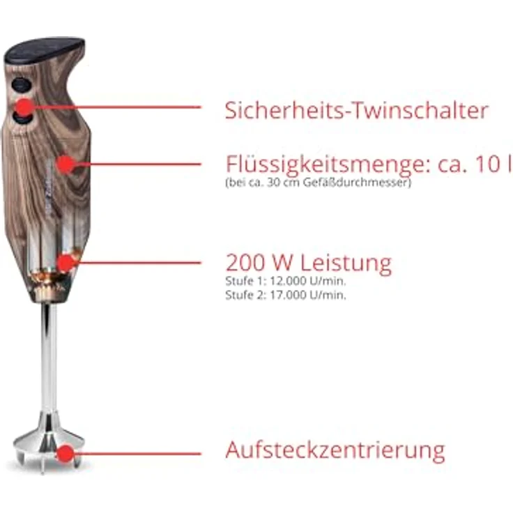 ESGE-Zauberstab Design Edition 91001/91003/91012/91021/91022, Stabmixer mit 200 W, bis zu 17.000 U/Min, AC-Motor, inkl. Multimesser und Schlagscheibe – Bild 3