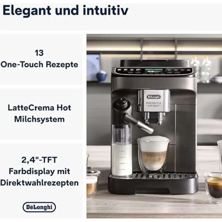 De'Longhi Magnifica Evo Next ECAM312.80.TB, Kaffeevollautomat mit 13 Getränken, 2,4'' TFT Farbdisplay, LatteCrema Milchsystem, Titan – Bild 2