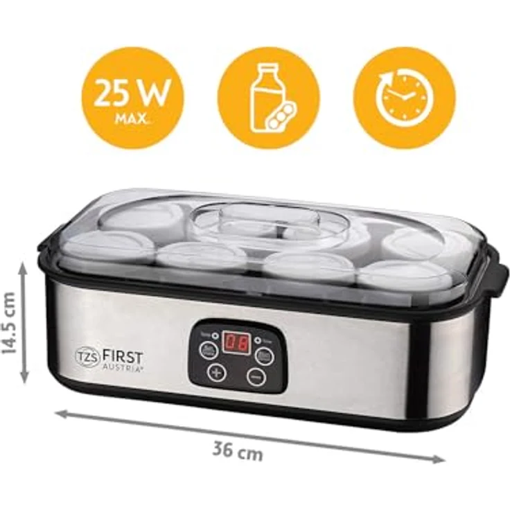TZS FIRST AUSTRIA Joghurtbereiter Joghurt Maker, 25 W, 8 Gläser à 190 ml, Edelstahl, LCD-Display, Temperatursteuerung, Timer- und Auto-Stop-Funktion – Bild 2