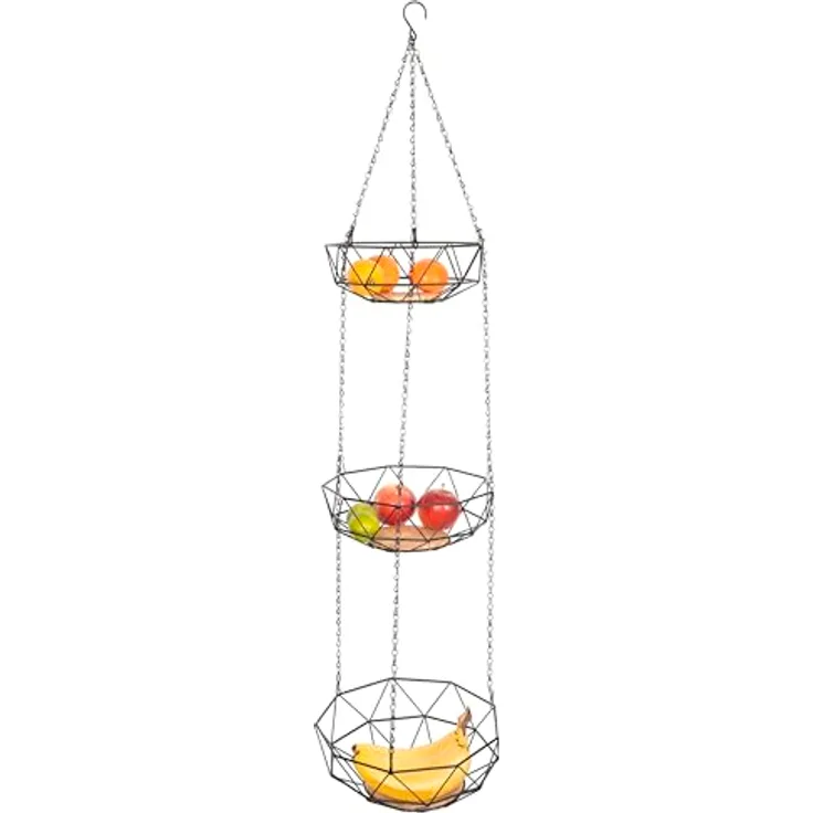 eluno Obstkorb, Hängeampel mit 3 Etagen, schwarzes Metall & Bambus, platzsparend & flexibel, Ø ca. 25/28/31 x 126 cm