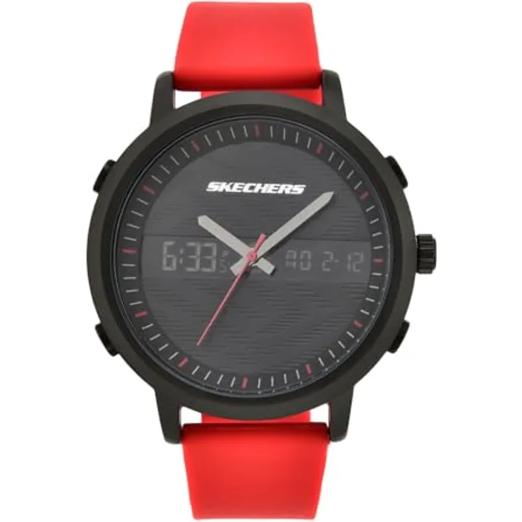 Skechers Chronograph LAWNDALE SR5073, digitale Herrenuhr mit schwarz Metallgehäuse, Silikonarmband, 1/100-Sekunden Stoppuhr und Weckfunktion