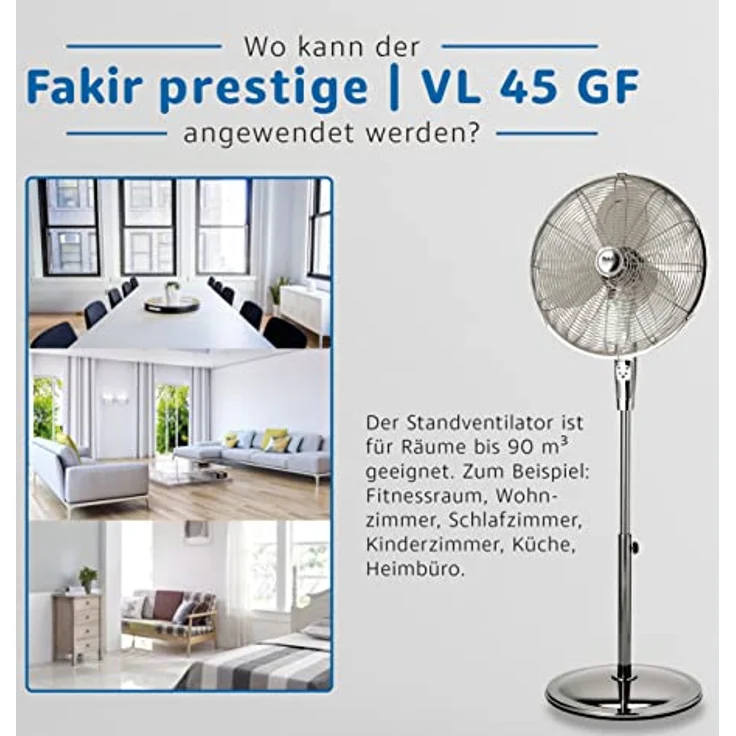 Fakir VL 45 GF prestige | Design-Standventilator, Retro-Look, inkl. Fernbedienung, 3 Geschwindigkeitsstufen, Timer-Funktion, oszillierend, standsicher - höhenverstellbar 100-135 cm, 60 Watt – Bild 4