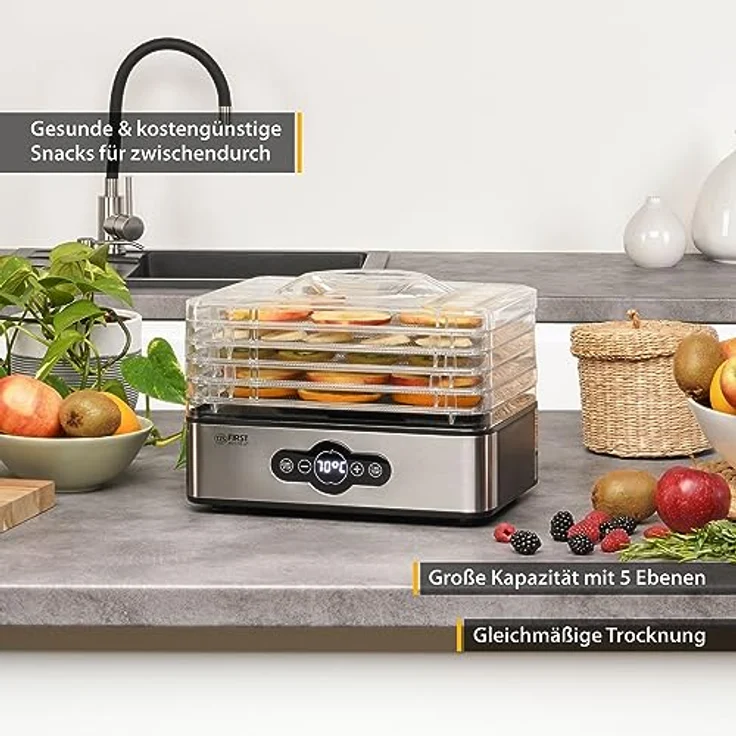 TZS First Austria Dörrautomat | Dörrgerät für Obst, Kräuter, Pilze & Fleisch | digital mit Timer & Temperaturregler 35-70°C | 5 Etagen, Einlageböden aus Edelstahl, Dörrapparat mit Zeitschaltuhr – Bild 2