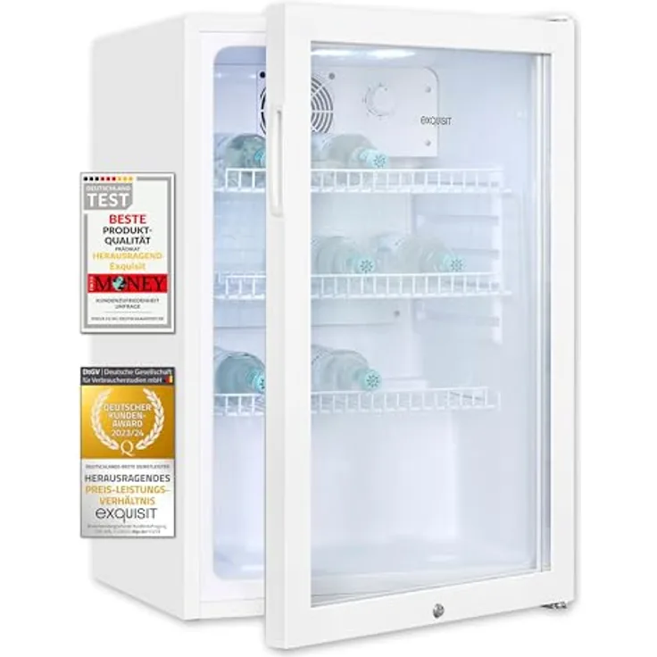 Exquisit Glastürkühlschrank GKS120-GT-160C weiss | 118 L Nutzinhalt, Türschloss, 3 Gitterablagen
