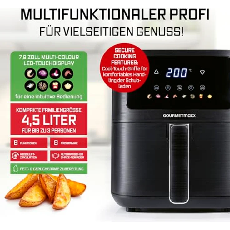 GOURMETmaxx AirGenius Heißluftfritteuse, 4,5 L, Mattschwarz, 6 Funktionen, 8 Programme, Fettarme Zubereitung für bis zu 3 Personen, Multi-Color LED-Touchdisplay – Bild 3