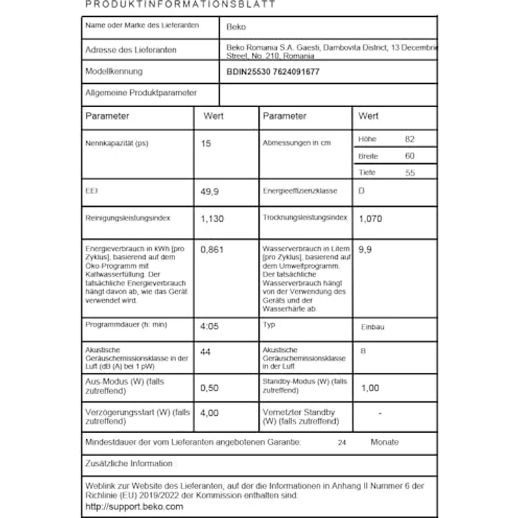 BEKO BDIN25530 Einbau-Geschirrspüler vollintegriert, 60 cm, 15 Maßgedecke, 5 Programme, 44 dB(A), höhenverstellbarer Oberkorb, SteamGloss – Bild 9