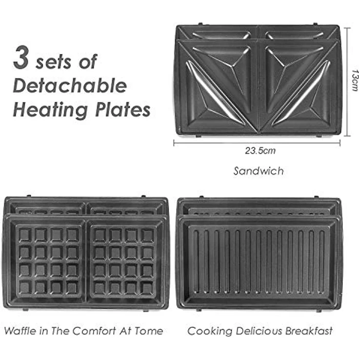 OZAVO Sandwichmaker 3 in 1, Waffeln, Paninitoaster, 3 abnehmbare Grillplatten, Tisch-Grill für Toast, Waffeln, Fleisch, Schwarz, 750W – Bild 5