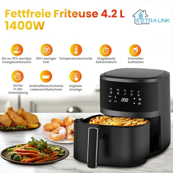 Extralink Home Air Fryer 4,2 L, Heißluftfritteuse mit berührungsempfindlicher Steuerung und Sicherheitsfunktionen, schwarz – Bild 2
