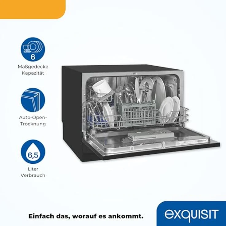 Exquisit GSP5206-030D, Geschirrspüler 55 cm, 6 Maßgedecke, Restlaufanzeige, schwarz, Standgerät – Bild 3