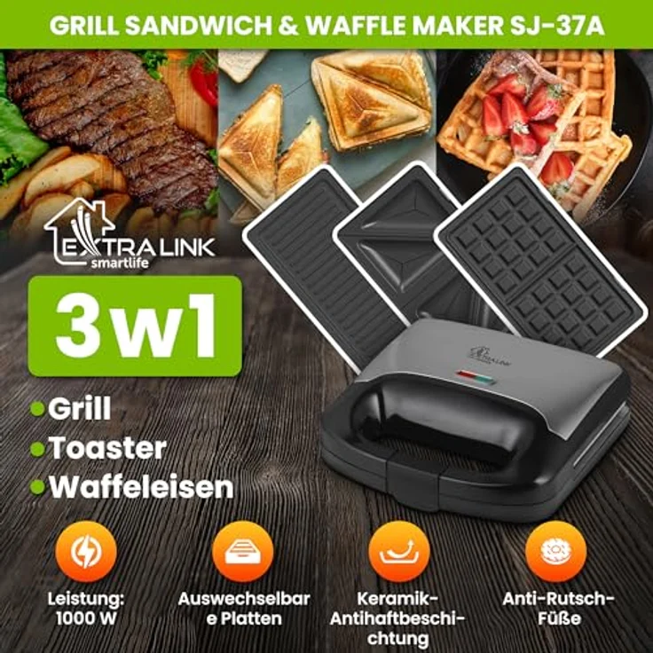 EXTRALINK Sandwichmaker 3 in 1 Toaster, Grill und Waffeleisen mit austauschbaren Platten, 1000W Kontaktgrill, Antihaftbeschichtung, einfacher Reinigung, Schwarz – Bild 2