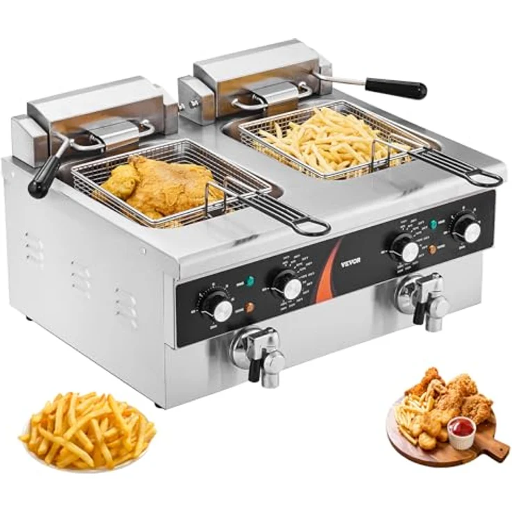 VEVOR kommerzielle Fritteuse elektrische Aufsatzfritteuse, Doppeltank 3000 W x 2, 5,9 L Doppel-Öl-Fritteuse mit 2 Körben verdickter Edelstahl, Zeit- & Temperaturregelung, für Küche Restaurant Café – Bild 1