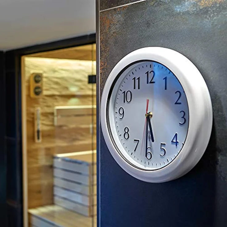 Monzana Wanduhr mit Funk Wasserdicht Automatische Zeitumstellung Geräuscharm Quarz-Uhrwerk Analog Bad Küche Haus Funkuhr Uhr Hochglanz Weiß – Bild 2