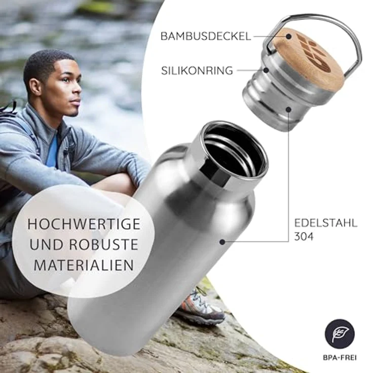 Bambaw Edelstahl Trinkflasche 1 l | Isolierte Thermosflasche für Sport, Büro, Schule, Outdoor | Auslaufsicher & ohne Plastik | Langlebige Wasserflasche für heiße & kalte Getränke