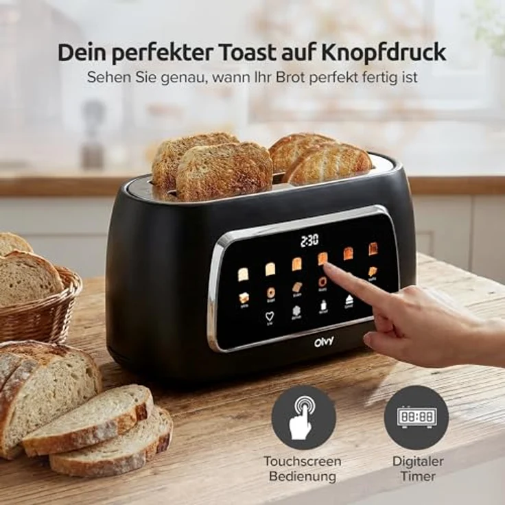 Olvy Premium Toaster mit LCD-Display, Timer & 6 Programmen – Extra breite Schlitze für Bagels – Schwarz – 1500W – Bild 4