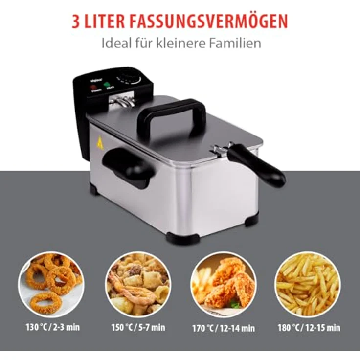 alpina Fritteuse 3 Liter, 2000 W, einstellbare Temperatur, herausnehmbarer Korb, Silber – Bild 6
