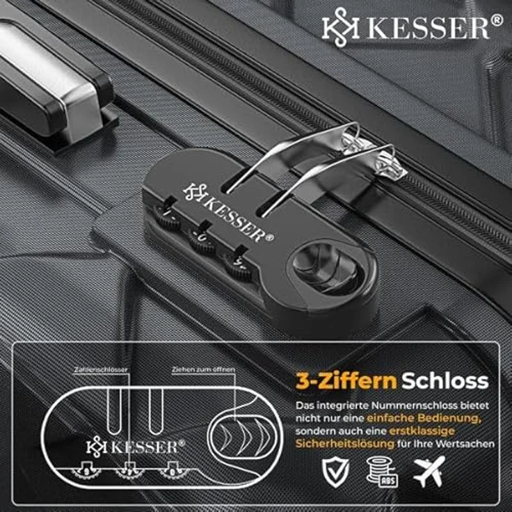 KESSER® Reisekoffer Set 4-teilig, ABS Hartschalenkoffer mit Zahlenschloss, Kofferwaage & Reisebrieftasche, 360° Rollen, Handgepäck & große Koffer, Trolley Charcoal – Bild 3