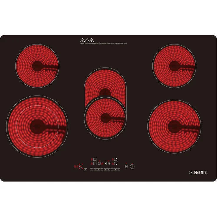 KB ELEMENTS 5 Zonen Glaskeramikkochfeld Elektrokochfeld 70cm, Cerankochfeld 5 platten, Autark, 8400 Watt, Rahmenlos, Touch-Bedienung, 99Min Timer, Schwarz