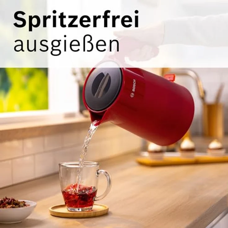 Bosch kabelloser Wasserkocher My Moment TWK2M164, Abschaltautomatik, Überhitzungsschutz, Tassenanzeige, entnehmbarer Kalkfilter, Trockengehschutz, Dampfstopp-Automatik, 1,7 L, 2400 W, Rot matt – Bild 4