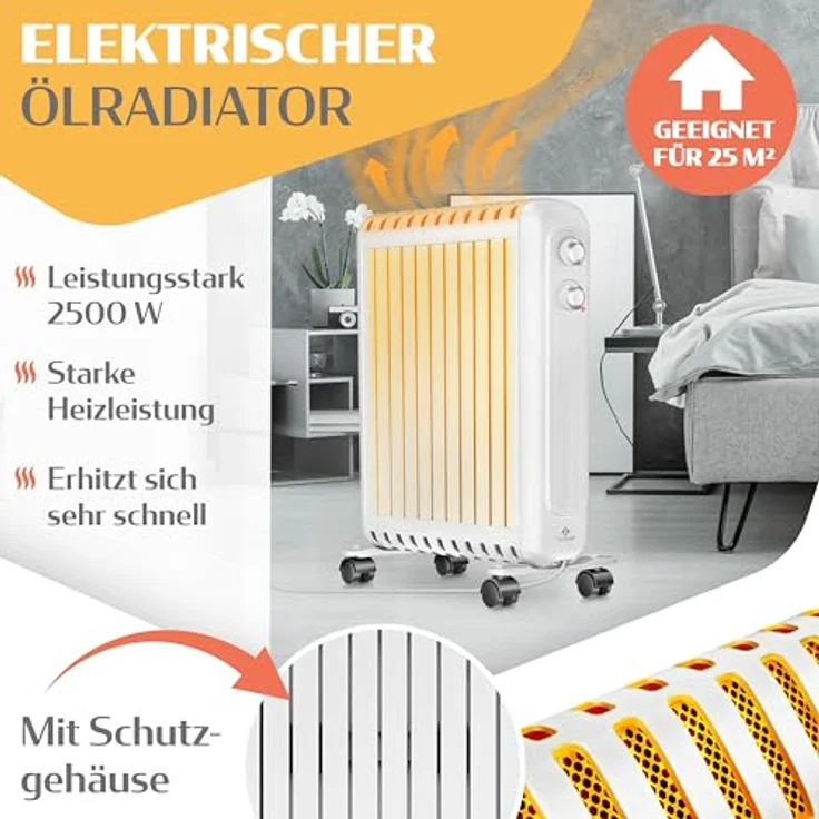 KESSER® Ölradiator 2500W, energiesparend mit Thermostat und 3 Heizstufen, ölgefüllt, Schutzgehäuse, 360° Rollen, elektrisch, Weiß – Bild 2