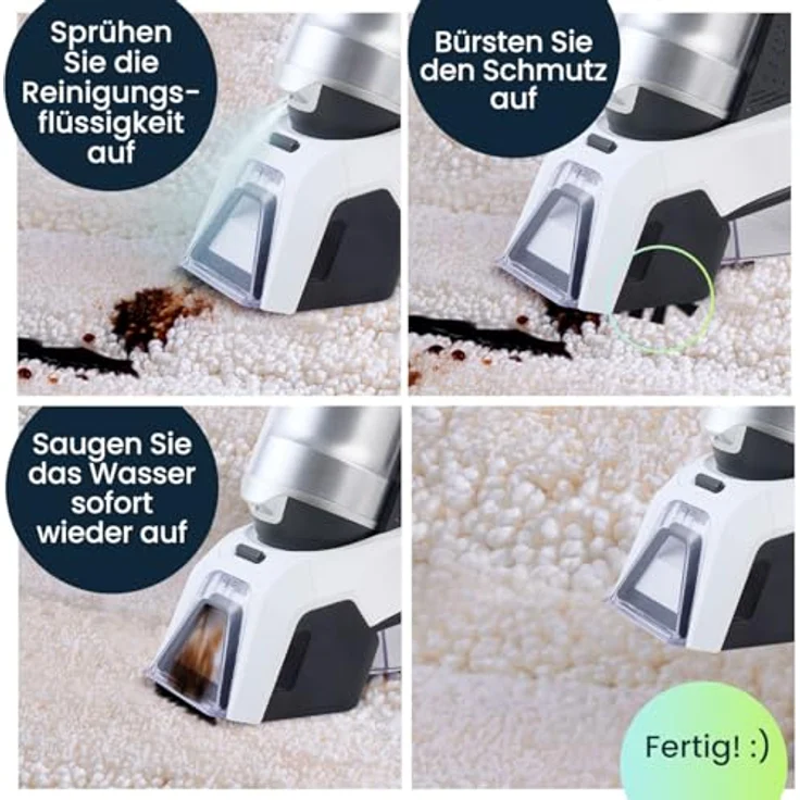Casativo Kabelloser Profi Waschsauger 60W, Li-Ion-Akku für Polster, Textilien und Autositze, leistungsstarker Fleckenentferner mit zwei Bürsten-System – Bild 4