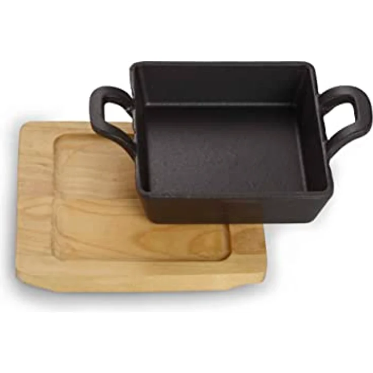 ECHTWERK Gusseisen Servierschale, quadratische Auflaufform mit Servierbrett, bereits eingebrannt, für Backöfen, Grill, BBQ und Induktion geeignet, Ø 12,6 cm – Bild 3