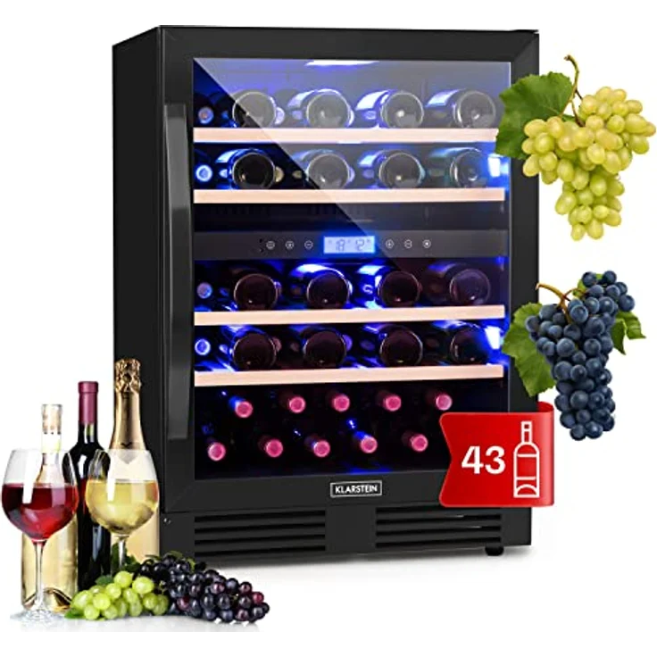 Klarstein Vinovilla 43 Built-In Duo Onyx, Doppelzonen Weinkühlschrank mit 129l für 43 Flaschen, edles Design und dreifarbige Beleuchtung – Bild 1